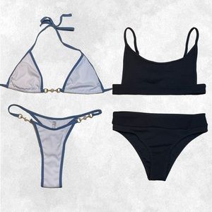 Blue & White Triangle Thong Bikini Black Ribbed Sideless Backless Bikini